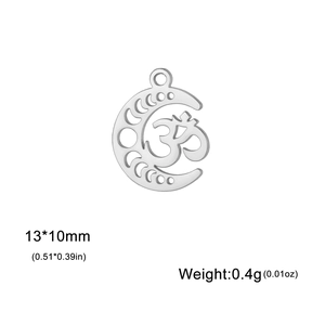 Detail of moon and Om symbol pendant in stainless steel with 13x10mm size markings