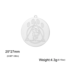 Detailed view of wolf head totem pendant with 25x27mm size and weight specifications