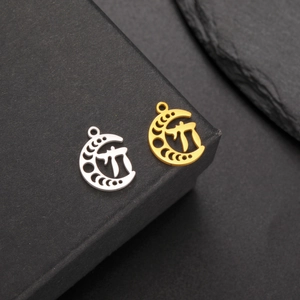 Gold and silver stainless steel moon pendants with Chai symbol on a black jewelry box