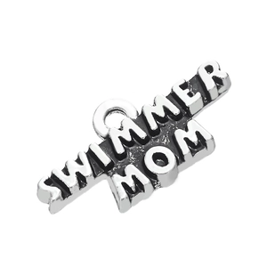Macro detail of antique silver Swimmer Mom charm with textured vintage finish