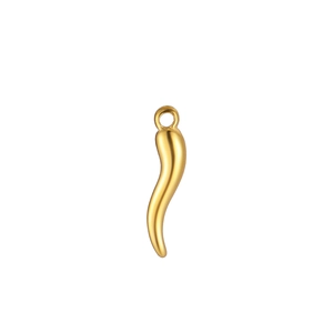 Macro detail of polished gold stainless steel chili pendant with a high-shine mirror finish