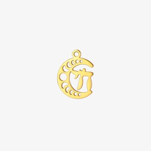 Macro shot of gold stainless steel moon pendant with Greek Pi symbol and phase detail