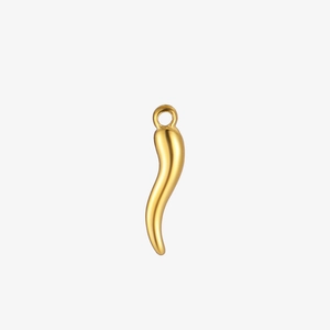 Detailed view of a polished gold chili pepper pendant charm with circular bail hook