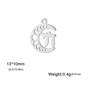 Macro view of 13x10mm stainless steel moon phase pendant with Greek Pi symbol detail