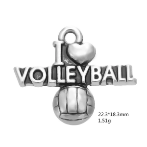 Detail view of antique silver volleyball heart charm pendant showing dimensions and weight