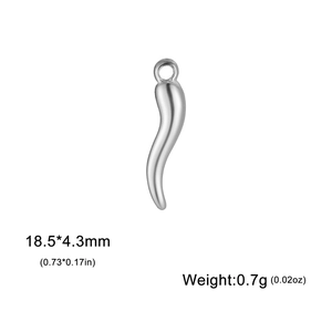 Detail view of silver stainless steel chili pendant with 18.5x4.3mm size dimensions