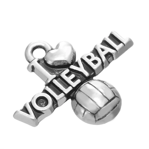 Detailed macro of antique silver I Love Volleyball charm pendant with sports ball ball detail