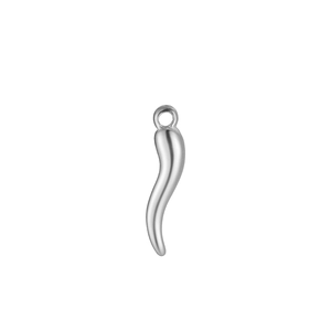 Macro detail of polished stainless steel chili pendant with smooth silver finish