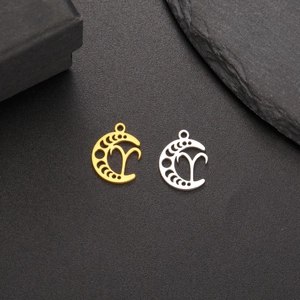 Detail of 18K gold and silver stainless steel Aries crescent moon zodiac pendants