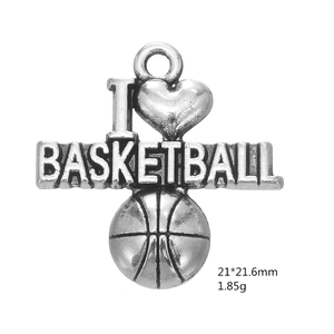 Detail of antique silver basketball charm with I Heart Basketball engraving and size specs