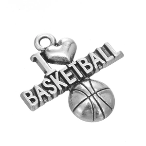 Detailed view of antique silver I Love Basketball charm pendant for DIY jewelry making
