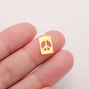 Polished 18K gold-plated stainless steel peace sign rectangle pendant for DIY jewelry