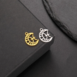 Detailed macro of gold and silver moon pendants with astrological symbols on black packaging