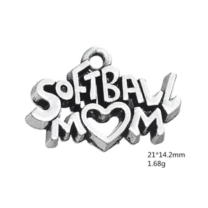 Antique silver Softball Mom heart charm pendant for DIY jewelry, 21x14.2mm alloy sport medal