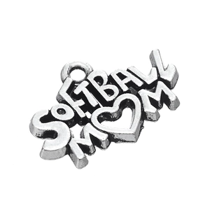 Detailed view of antique silver "SOFTBALL MOM" heart charm pendant for DIY jewelry making