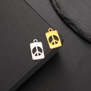 Polished stainless steel peace sign rectangle pendants in gold and silver finishes