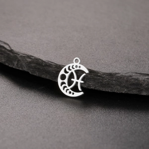 Macro view of silver crescent moon pendant with Pisces zodiac sign on dark rock