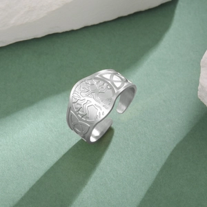 Retro stainless steel tree of life adjustable open ring with Celtic knot details