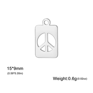Detailed view of square peace sign pendant in stainless steel with 15x9mm dimensions