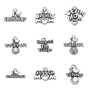 Antique Silver Alloy Sports Theme DIY Charms Pendants For Jewelry Making I Love Swimming Soccer Mom Basketball Volleyball