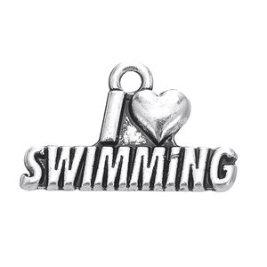 Pendentif sport coeur I love swimming en argent antique pour création de bijoux DIY