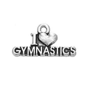 Antique silver heart charm with I Love Gymnastics engraving for DIY sports jewelry