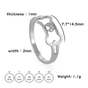 Detailed size chart showing dimensions of dog bone and paw print stainless steel ring