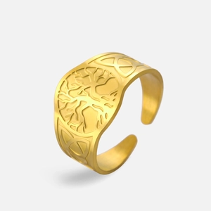Detailed view of adjustable golden life tree ring with intricate Celtic knot patterns
