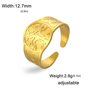 Adjustable gold-plated Tree of Life stainless steel ring for men and women, 12.7mm width