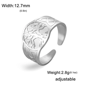 Detail view of the vintage tree of life engraving and adjustable band on stainless steel ring