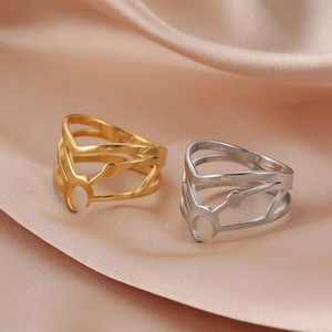 Exaggerated Hollow Crescent Moon 304 Stainless Steel Ring For Women Real Gold Plated Geometric Multi Layer Wrap Ring Jewelry
