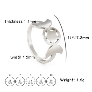 Detailed dimensions of silver stainless steel triple moon goddess ring with star engraving