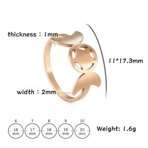 Minimalist rose gold stainless steel ring with crescent moons and pentagram star design