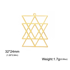 Macro detail of gold geometric titanium star pendant showing dimensions and light weight