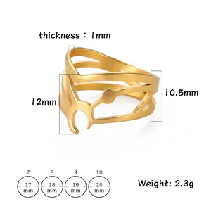 Size chart for hollow gold moon ring showing diameter, width, thickness, and weight details