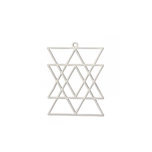 Detailed view of silver titanium steel geometric layered triangle pendant with top loop