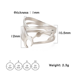 Exaggerated silver hollow crescent moon stainless steel ring with dimensions and size chart
