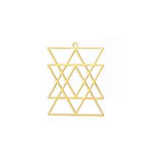 Macro detail of geometric hollow hexagram pendant in polished gold-plated stainless steel