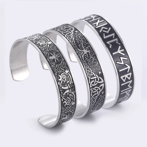 Nordic Viking Tree Of Life Stainless Steel Cuff Bracelet For Men Vintage Celtic Knot Rune Engraved Adjustable Jewelry Bangle