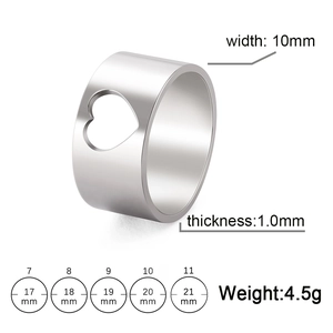 Polished silver heart cutout ring showing 10mm width and 1.0mm thickness specs