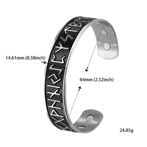 Detail view of retro 304 stainless steel magnetic cuff with embossed Norse runes