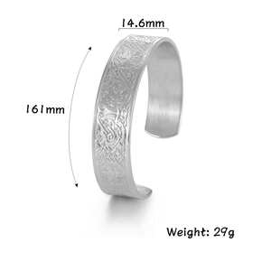 Detail view showing 14.6mm width and Celtic Tree of Life engraving on silver bangle