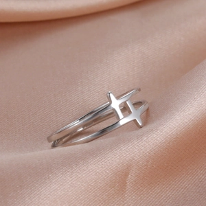 Modern silver stainless steel double layered ring with geometric cross star design