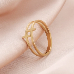 Minimalist 304 Stainless Steel Double Layer Hollow Cross Ring Gold Plated Geometric Band Ring For Women Men Unisex Jewelry