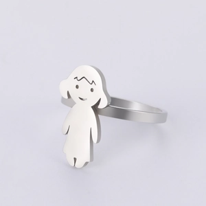 Detailed view of a silver minimalist ring featuring a polished cartoon girl design silhouette