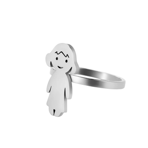 Detail shot of a polished silver stainless steel ring featuring a minimalist girl charm
