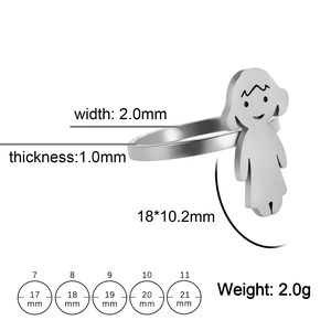 Minimalist stainless steel ring featuring a flat cartoon girl pendant on white background