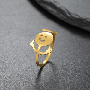 Golden stickman middle finger stainless steel ring with funny doodle face design