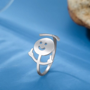 Quirky stickman middle finger stainless steel ring with a smiley face in silver finish