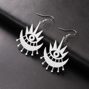 Gothic stainless steel eye crescent earrings on black textured leather background